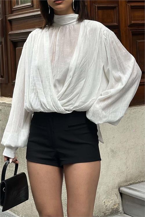 Kadın Ekru Drapeli Modal Bluz Balıkçı Yaka Uzun Kollu HSZ058 