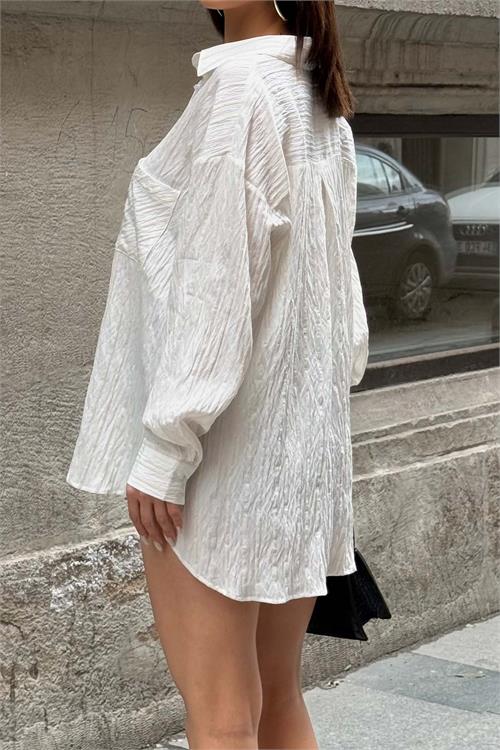 Kadın Ekru Çizgili Oversize Gömlek Düğmeli Cepli Uzun Kollu HSZ062 