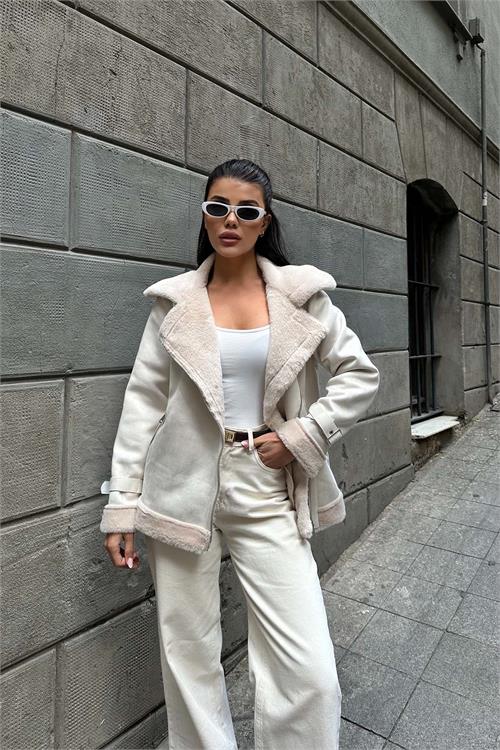 Kadın Bej Kemerli Fermuarlı Kürk Detaylı Süet Mont HSZ007 