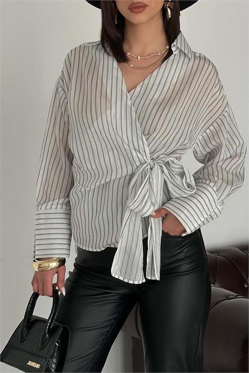 Kadın Ekru Çizgili Kruvaze Yandan Bağlamalı Gömlek HSZ055 