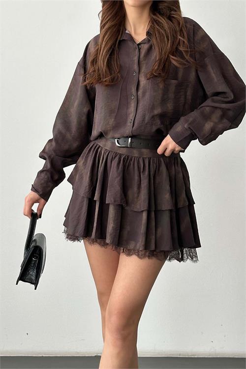 Kadın Kahverengi desenli Etek Gömlek Takım Kemer Aksesuarlı HSZ040 