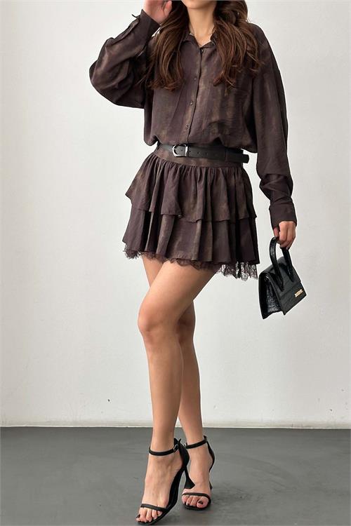 Kadın Kahverengi desenli Etek Gömlek Takım Kemer Aksesuarlı HSZ040 