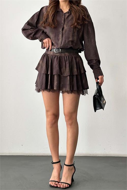 Kadın Kahverengi desenli Etek Gömlek Takım Kemer Aksesuarlı HSZ040 