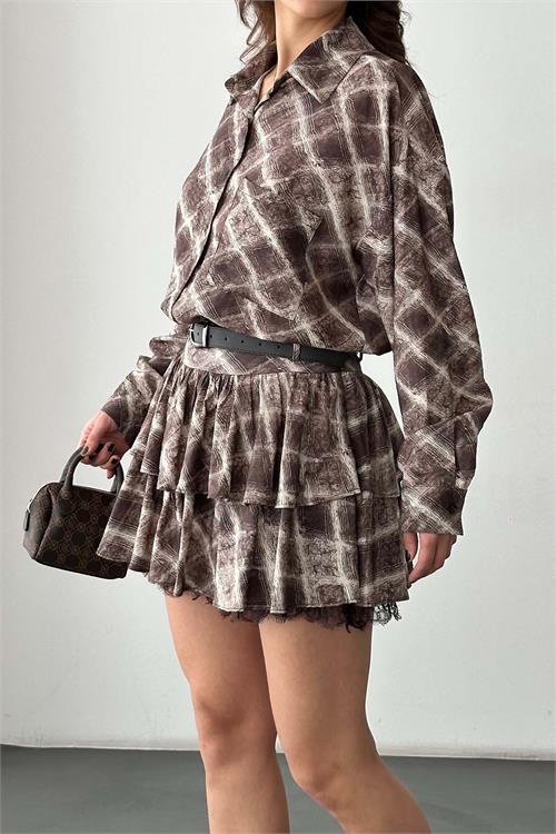 Kadın Kahverengi Beyaz Cizgili Etek Gömlek Takım Kemer Aksesuarlı HSZ038 