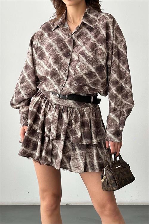 Kadın Kahverengi Beyaz Cizgili Etek Gömlek Takım Kemer Aksesuarlı HSZ038 