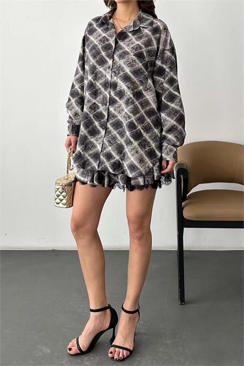 Kadın Gri desenli Etek Gömlek Takım Kemer Aksesuarlı HSZ038 