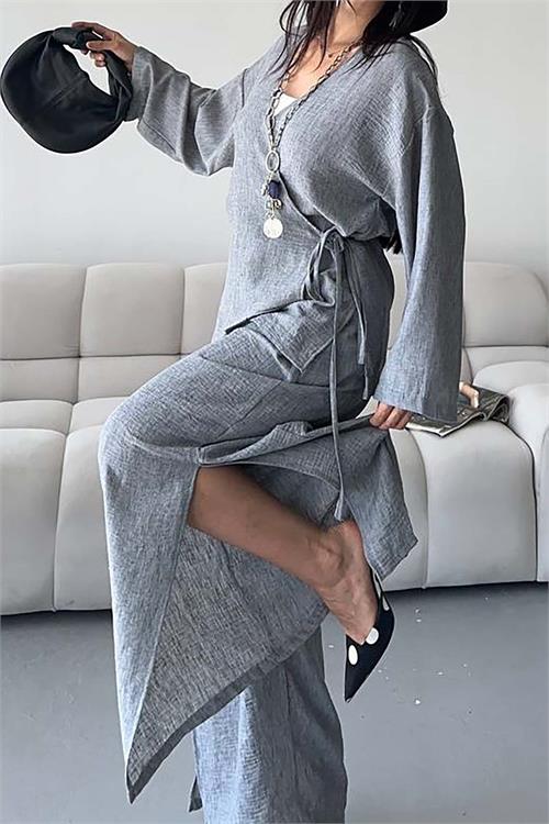 Kadın Antrasit Keten Kumaş Pantolonlu İkili Takım HSZ053 