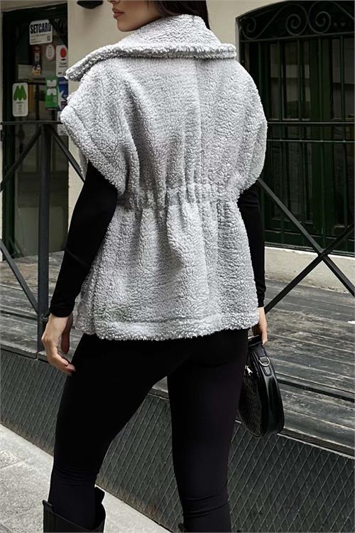Kadın Gri Oversize Kemerli Peluş Yelek HSZ032 