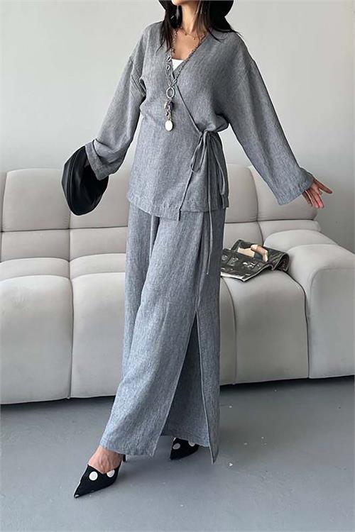 Kadın Antrasit Keten Kumaş Pantolonlu İkili Takım HSZ053 