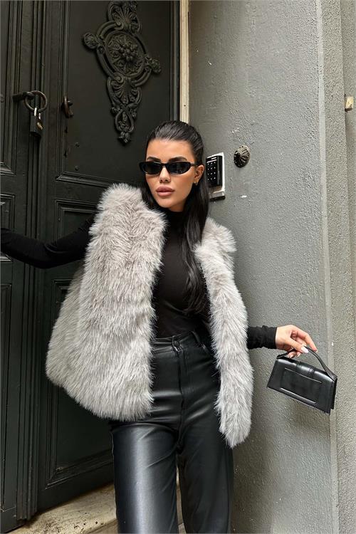 Kadın Gri Astarlı Kolsuz Kürk Yelek HSZ009 