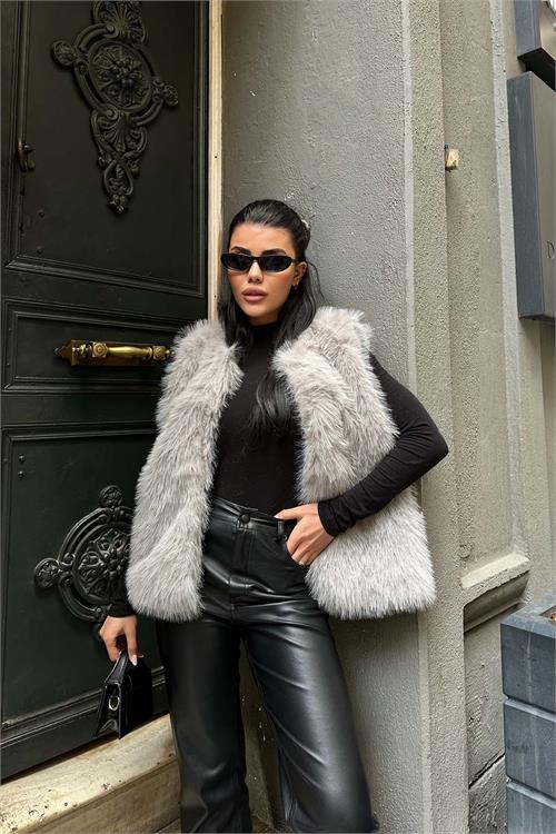 Kadın Gri Astarlı Kolsuz Kürk Yelek HSZ009 