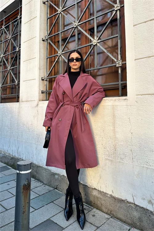 Kadın Gül Kurusu Kuşaklı Düğmeli Bondit Kumaş Su Gecirmez Trençkot HSZ028 