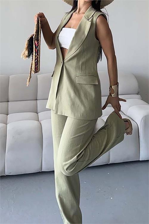 Kadın Haki Keten Kumaş Cepli Pantolon & Cep Kapaklı Blazer Yelek İkili Takım HSZ052 