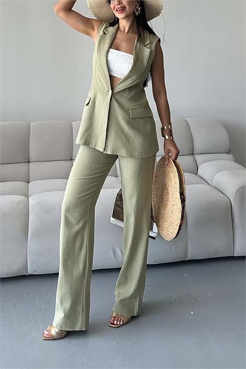 Kadın Haki Keten Kumaş Cepli Pantolon & Cep Kapaklı Blazer Yelek İkili Takım HSZ052 