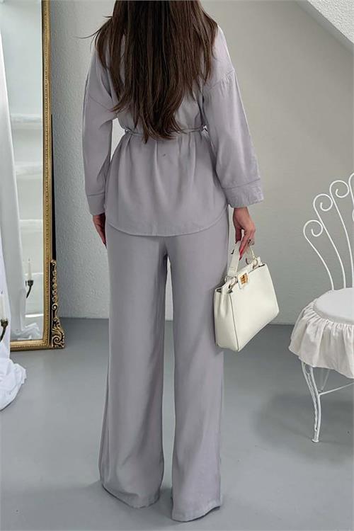 Kadın Gri Bel Bağlamalı Gömlek Pantolon Takım Cepli Lastikli HSZ041 