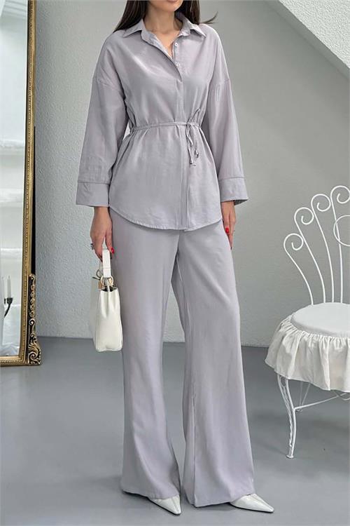 Kadın Gri Bel Bağlamalı Gömlek Pantolon Takım Cepli Lastikli HSZ041 