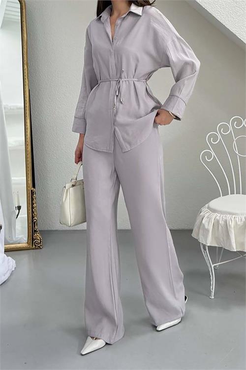 Kadın Gri Bel Bağlamalı Gömlek Pantolon Takım Cepli Lastikli HSZ041 