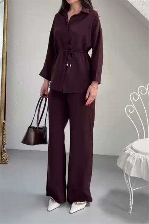 Kadın Kahverengi Bel Bağlamalı Gömlek Pantolon Takım Cepli Lastikli HSZ041 