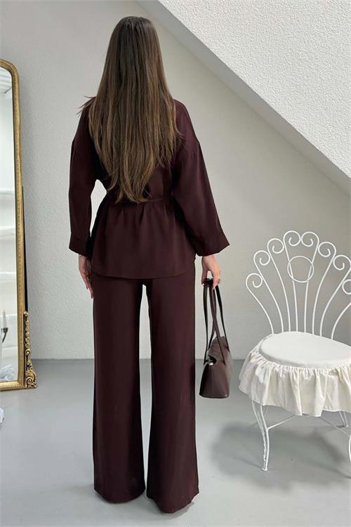 Kadın Kahverengi Bel Bağlamalı Gömlek Pantolon Takım Cepli Lastikli HSZ041 