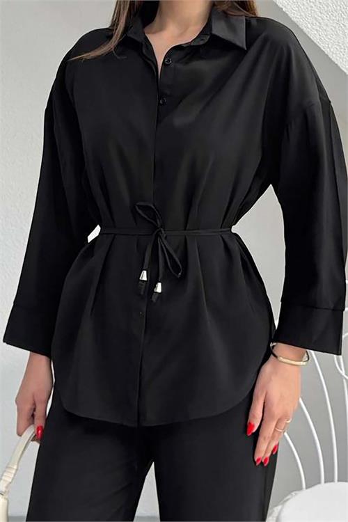 Kadın Siyah Bel Bağlamalı Gömlek Pantolon Takım Cepli Lastikli HSZ041 
