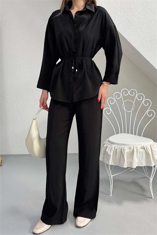 Kadın Siyah Bel Bağlamalı Gömlek Pantolon Takım Cepli Lastikli HSZ041 