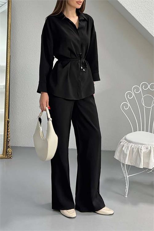 Kadın Siyah Bel Bağlamalı Gömlek Pantolon Takım Cepli Lastikli HSZ041 