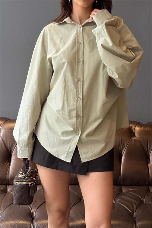 Kadın Haki Oversize Gömlek Düğmeli Uzun Kollu Şık Kesim HSZ059 