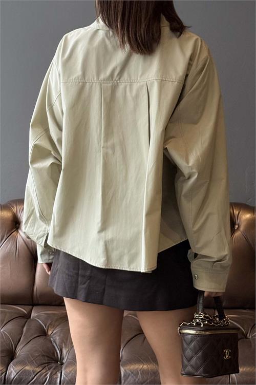 Kadın Haki Oversize Gömlek Düğmeli Uzun Kollu Şık Kesim HSZ059 