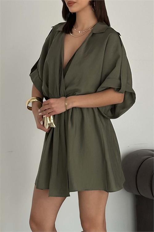 Kadın Haki Modal Kumaş V Yaka Belden Büzgülü Apolet Detaylı Mini Elbise HSZ054 