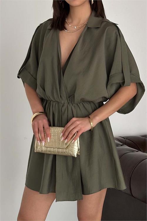 Kadın Haki Modal Kumaş V Yaka Belden Büzgülü Apolet Detaylı Mini Elbise HSZ054 