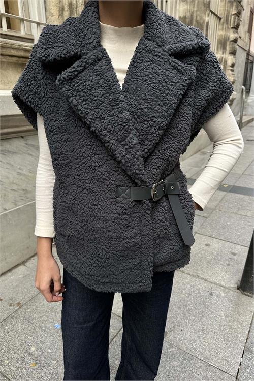 Kadın antrasit Oversize Kemerli Peluş Yelek HSZ032 