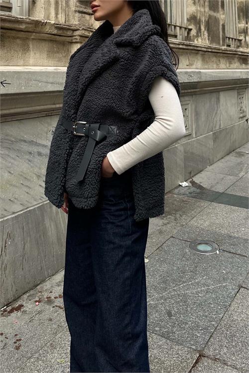 Kadın antrasit Oversize Kemerli Peluş Yelek HSZ032 