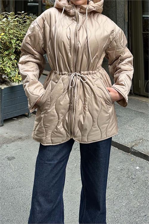 Kadın camel Kapitone Kapüşonlu Beli Bağcıklı şişme Mont HSZ024 