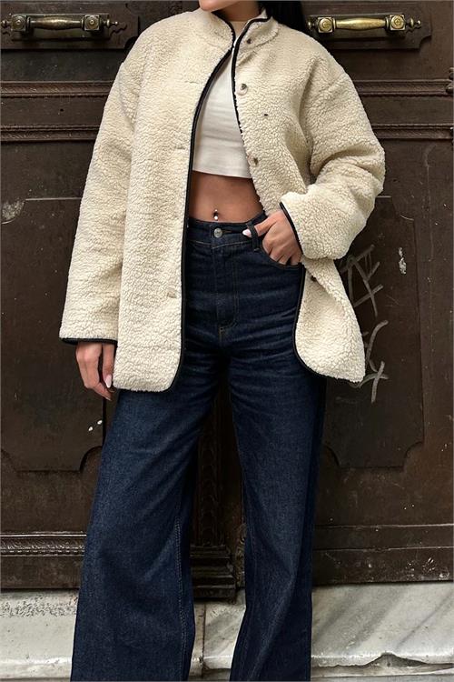 Kadın Bej Peluş Oversize Düğmeli Ceket HSZ026 