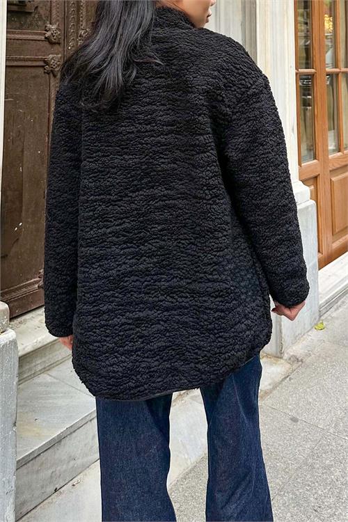 Kadın Siyah Peluş Oversize Düğmeli Ceket HSZ026 