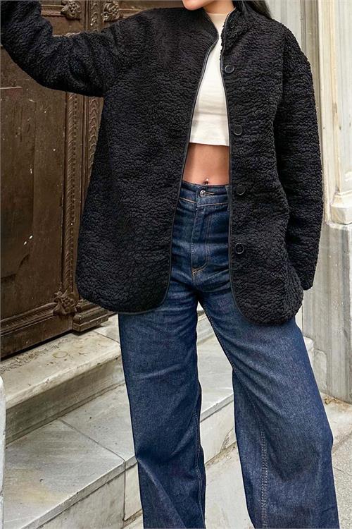 Kadın Siyah Peluş Oversize Düğmeli Ceket HSZ026 