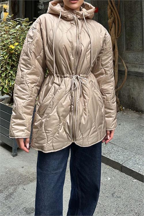 Kadın camel Kapitone Kapüşonlu Beli Bağcıklı şişme Mont HSZ024 