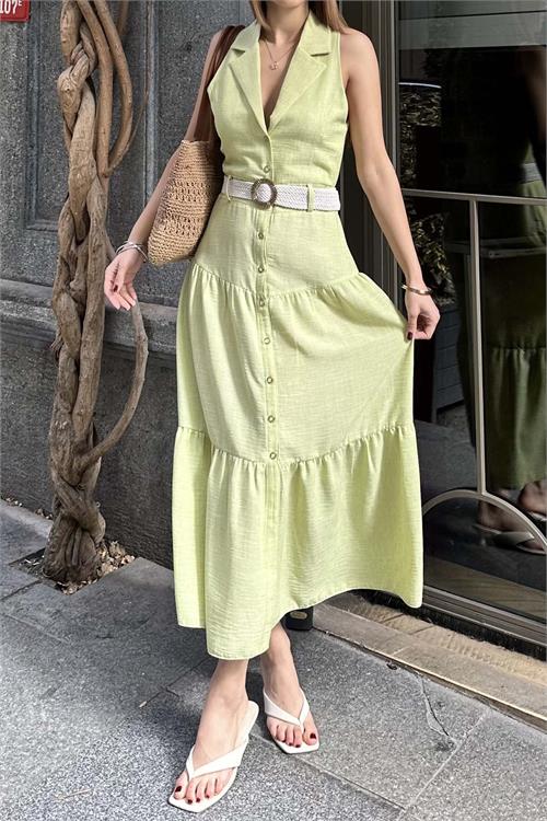 Kadın Sarı Keten Kemerli Düğmeli Midi Elbise – Katlı Etekli Yazlık Model HSZ020 