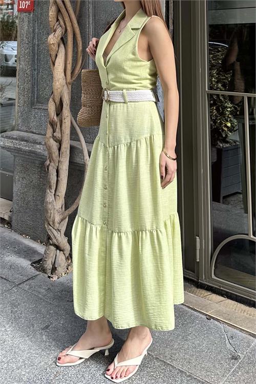 Kadın Sarı Keten Kemerli Düğmeli Midi Elbise – Katlı Etekli Yazlık Model HSZ020 