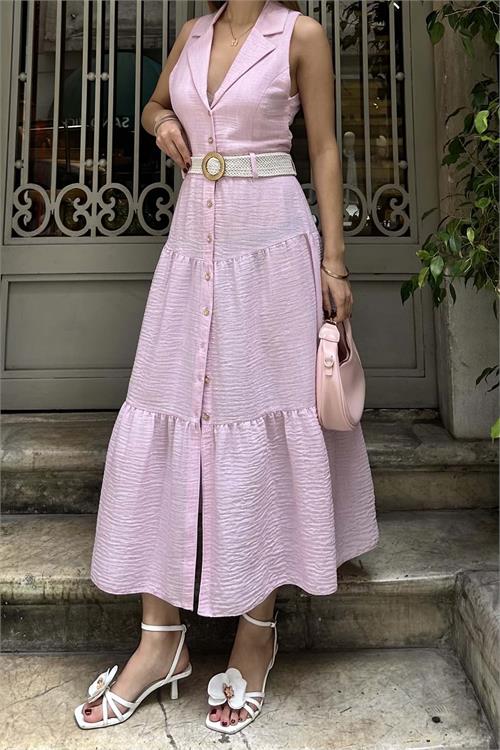 Kadın Pudra Keten Kemerli Düğmeli Midi Elbise – Katlı Etekli Yazlık Model HSZ020 