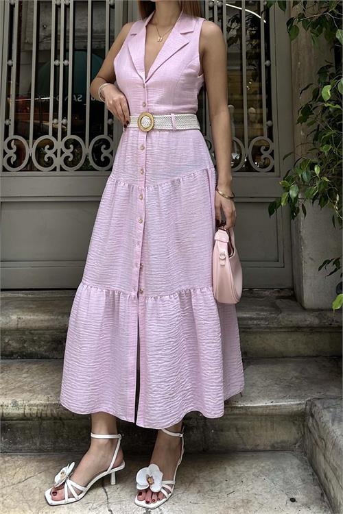 Kadın Pudra Keten Kemerli Düğmeli Midi Elbise – Katlı Etekli Yazlık Model HSZ020 