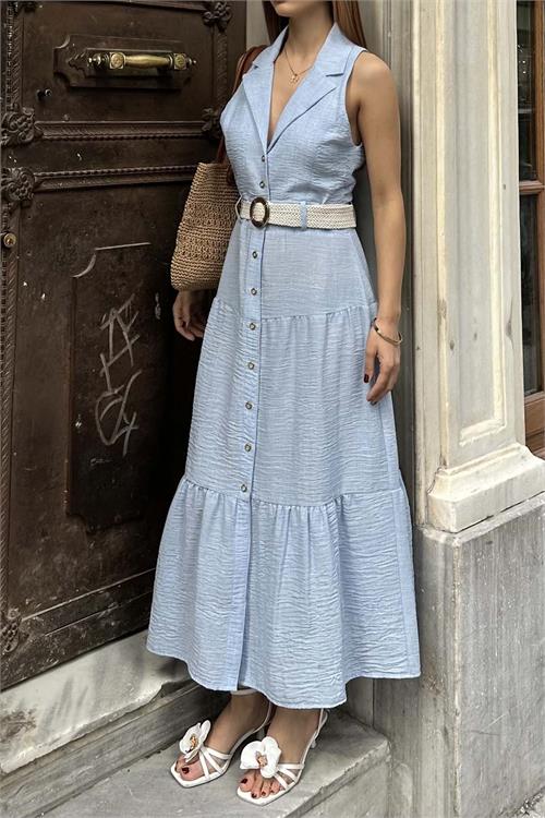 Kadın Mavi Keten Kemerli Düğmeli Midi Elbise – Katlı Etekli Yazlık Model HSZ020 