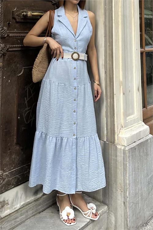 Kadın Mavi Keten Kemerli Düğmeli Midi Elbise – Katlı Etekli Yazlık Model HSZ020 