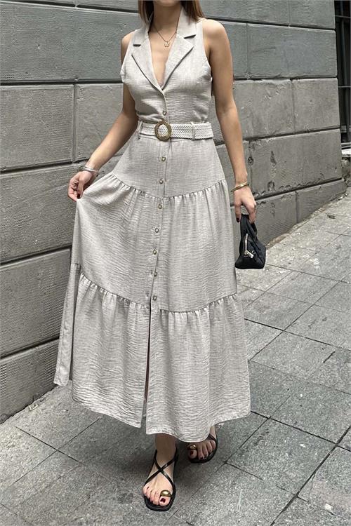 Kadın Vizon Keten Kemerli Düğmeli Midi Elbise – Katlı Etekli Yazlık Model HSZ020 