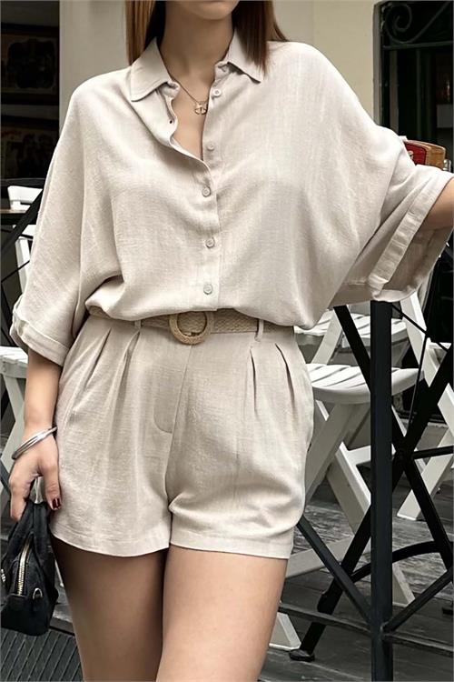Kadın Bej Rengi Keten Görünümlü Gömlek Şort Takım – Yazlık Günlük Şık Kombin HSZ014 