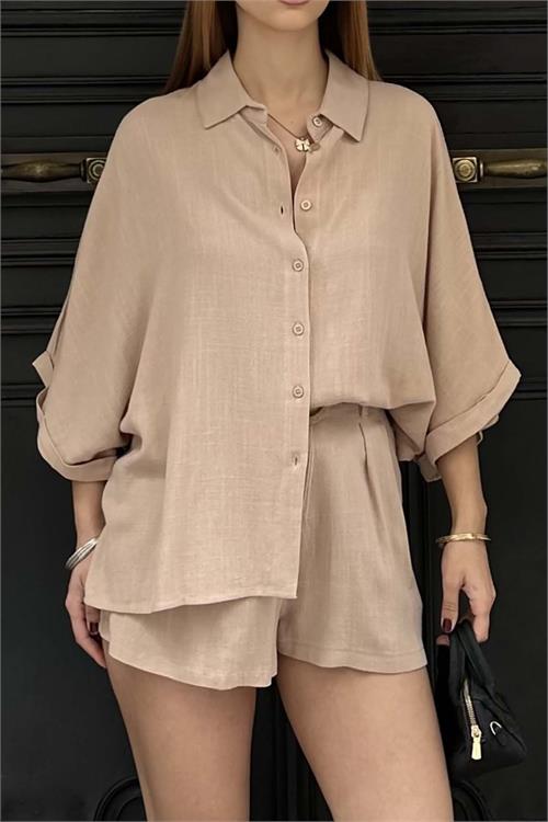 Kadın Pudra Rengi Keten Görünümlü Gömlek Şort Takım – Yazlık Günlük Şık Kombin HSZ014 