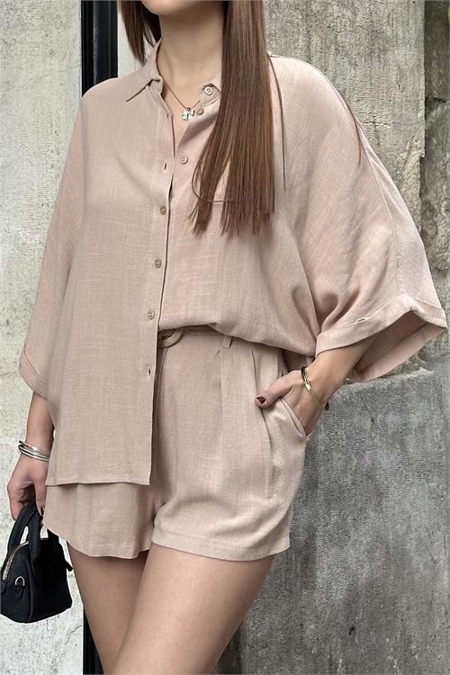 Kadın Pudra Rengi Keten Görünümlü Gömlek Şort Takım – Yazlık Günlük Şık Kombin HSZ014 