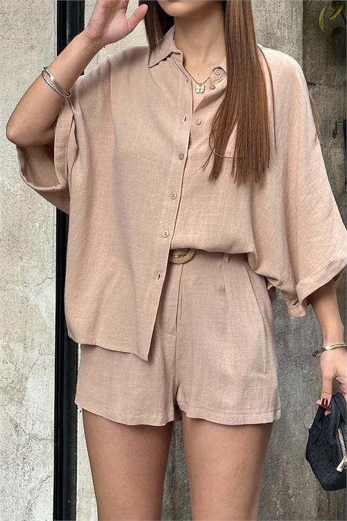 Kadın Pudra Rengi Keten Görünümlü Gömlek Şort Takım – Yazlık Günlük Şık Kombin HSZ014 