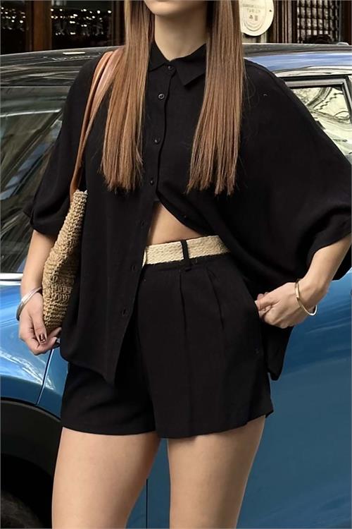 Kadın Siyah Rengi Keten Görünümlü Gömlek Şort Takım – Yazlık Günlük Şık Kombin HSZ014 