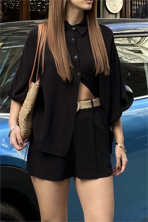 Kadın Siyah Rengi Keten Görünümlü Gömlek Şort Takım – Yazlık Günlük Şık Kombin HSZ014 